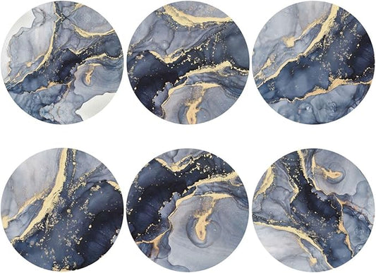 Navy Blue Gold Marble Coasters Set of 6 Coasters for Drinks Absorbent Double-Sided Leather PVC Coaster for Tabletop Protection Coffee Table Decor Ideal for Home Decor House Warming Gifts