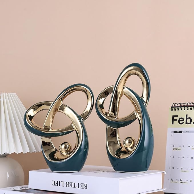 Teal Gold Modern Abstract Art Home Decor Accent,Statues Coffee Table Decor for Living Room,Table Centerpieces for Dining Room,Ceramic Sculptures and Gold Knick Knacks for TV Stand Decor (Green Gold)