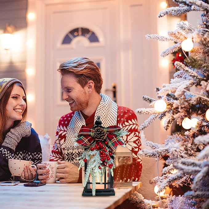 Christmas Decorative Lantern w/LED Flickering Flameless Candle - 14 Inch, Antiqued Vintage Lantern with Xmas Ornament for Outside Indoor Table Holiday Party Decoration