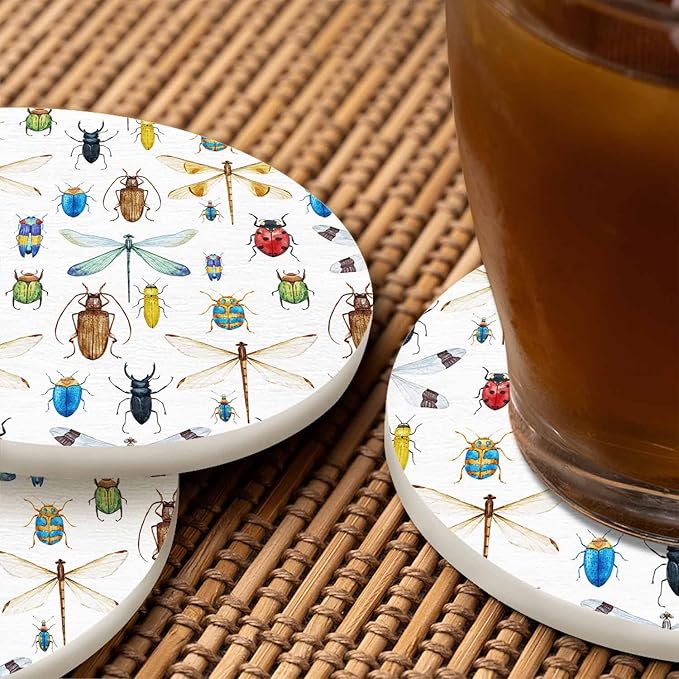 Insect Collection Coasters for Drinks Office Coffee Table Dragonfly Ladybug Wings Cartoon Wild Life Nature Colorful Animal Living Room Decor Set of 2 for Cold Drinks Wine Mugs and Cups 4 Inch