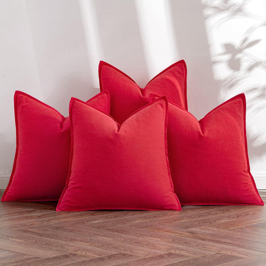 MIULEE Christmas Red Linen Pillow Covers Pack of 4 Decorative Natural Solid Throw Pillow Covers Soft Accent Boho Farmhouse Couch Pillowcases Modern Home Decor for Living Room Bed Sofa 20x20 Inch