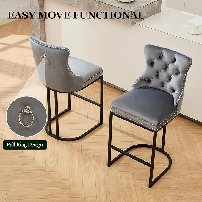 UVV Counter Height Bar Stools Set of 4, 26" Modern Barstools with Back, Velvet Upholstery Counter Chairs with Metal Legs for Kitchen Island, Bar, Counter, Gray