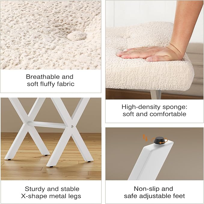 18-Inch Large Vanity Stool Chair, Vanity Bench with Metal X-Legs, Ottoman Accent Stool with Breathable and Soft Boucle Fabric Saddle Seat, Beige