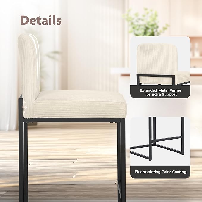 ALPHA HOME 24" Bar Stools Set of 2 Kitchen Counter Stools with Back, Counter Height Stools with Upholstered Footrest for Kitchen Island, Metal Steel Frame, Corduroy, Ivory