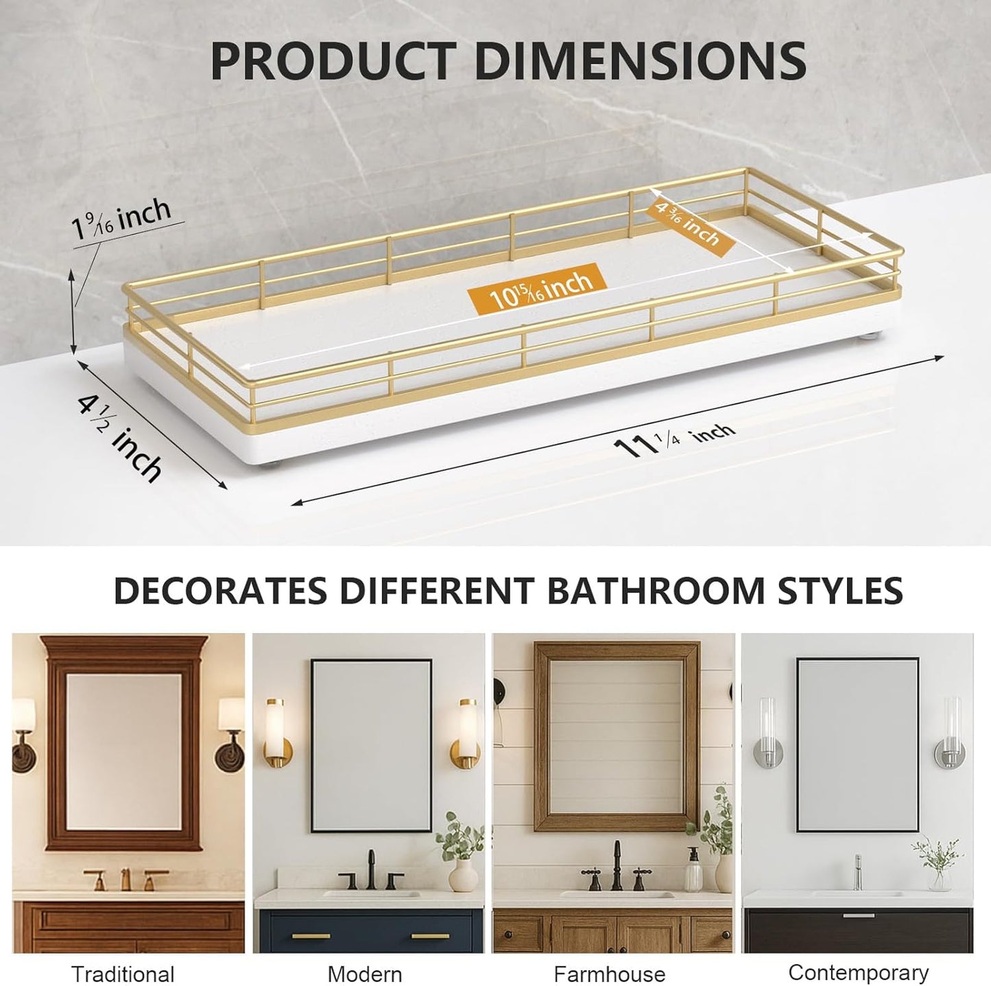 Bathroom Tray for Counter Top Organizer – Oak Wood Vanity Tray with Metal Frame for Dresser, Kitchen, Nightstand – Gold & White Decorative Storage