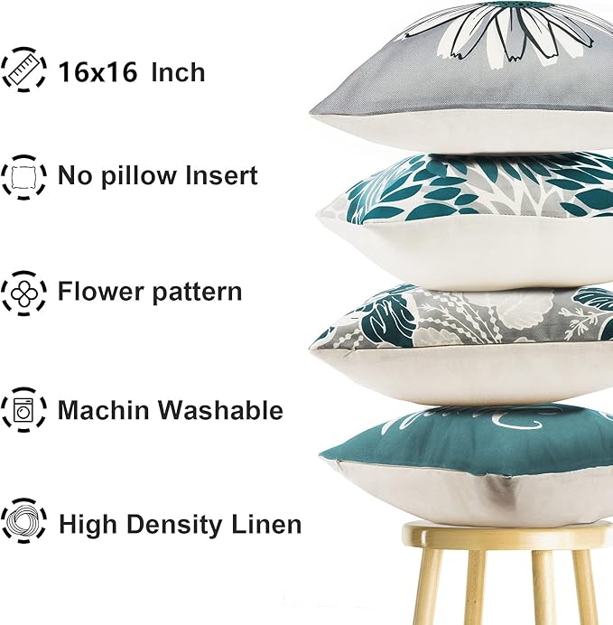 Decorative Throw Pillow Covers Set of 4 Green Pillow Covers 16x16 inch Throw Pillow Cases Linen Square Pillow Case,Modern Farmhouse Outdoor Pillow Covers for Couch Sofa Living Room Bed