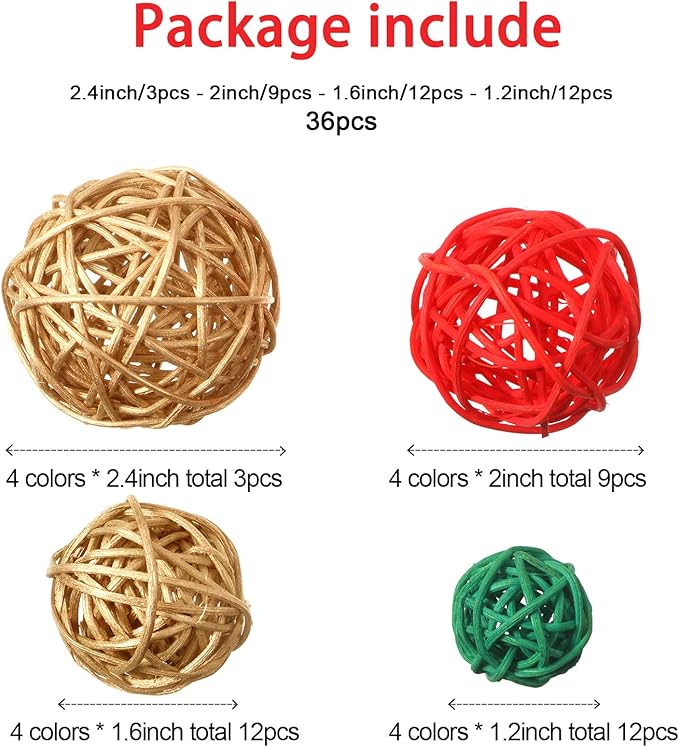 Patelai 36 Pcs Wicker Rattan Balls Decorative Balls for Vase Centerpiece Bowls Orbs Filler for Home Decor,4 Sizes(Red, Green, Gold)