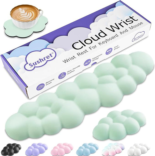 Cloud Wrist Rest Keyboard, Cloud Keyboard Wrist Pad Set with PU Leather Memory Foam, Cute Arm Rest for Palm Support, PC/Gaming Desk Accessories/Office Setup/Computer Hand Cushion - Light Green
