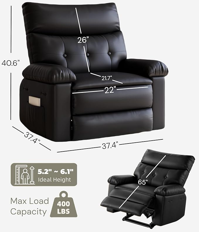 GarveeHome Oversized Recliner Chair - PU Leather Manual Recliner for Adults, Lazy Chair with 1.5X Sponge Comfort Arm and Back for Living Room, Bedroom