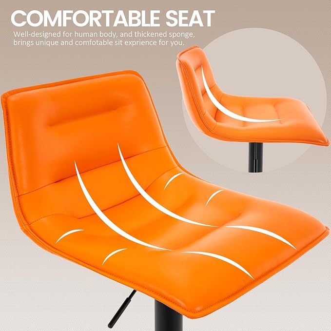 Brage Living Adjustable Bar Stool, Modern PU Leather Swivel Counter Height Barstool with Back, Armless Airlift Curved Bar Chair for Kitchen Dining Cafe, 1 pc (Orange, Black Base)
