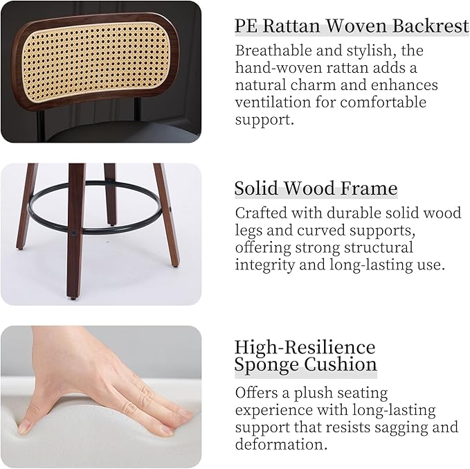 Swivel Counter Height Bar Stools Set of 4, 26 inch Bar Chairs with Curved Rattan Back, Upholstered PU Leather, Walnut Craftsmanship, Mid Century Modern Counter Stools for Kitchen Counter, Black