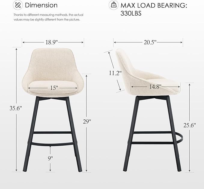 Zesthouse Swivel Counter Stools Set of 2, 26'' Modern Counter Height Barstools with Low Backs & Metal Legs, Upholstered Counter Height Barstools, Beige Linen Fabric Bar Stools for Kitchen Island