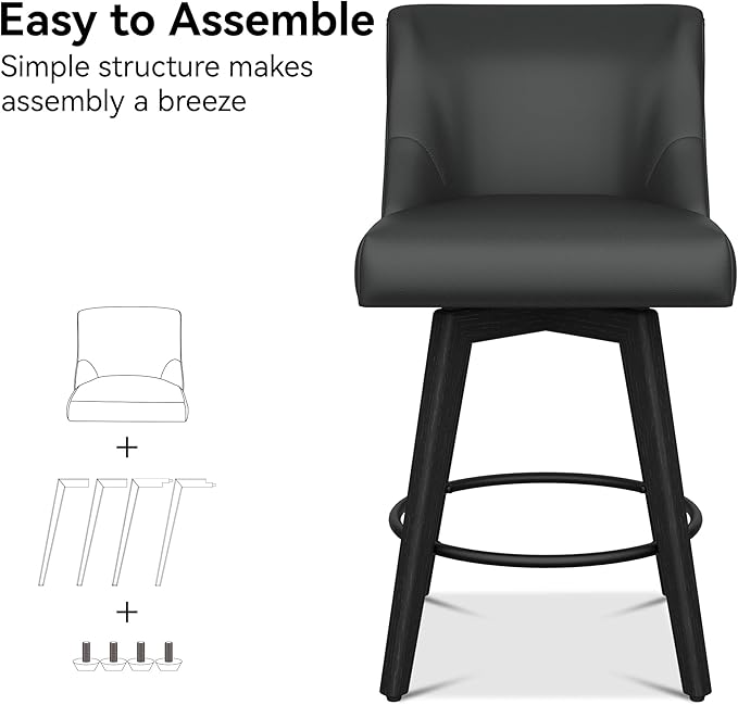 Counter Height Bar Stools Set of 8, Modern Swivel Barstools with Back and Wood Legs, Faux Leather Upholstered Bar Chairs, 26" H Kitchen Counter Stools, Kitchen Island Home Bar, Black Grey