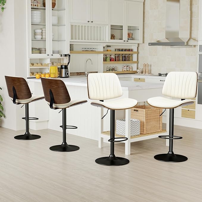 ECOTOUGE Bar Stools Set of 4, Adjustable Bar Stools for Kitchen Island with Back and Leather Seat, Swivel Barstools for Kitchen Counter, Bar Dining Chairs, Ivory White/Beige