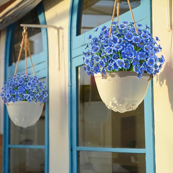Outdoor Artificial Flowers 21 UV Resistant Bundles Fake Flower Plastic Plants Faux Silk Flowers Porch Hanging Garden Porch Window Box Decorating (Blue)
