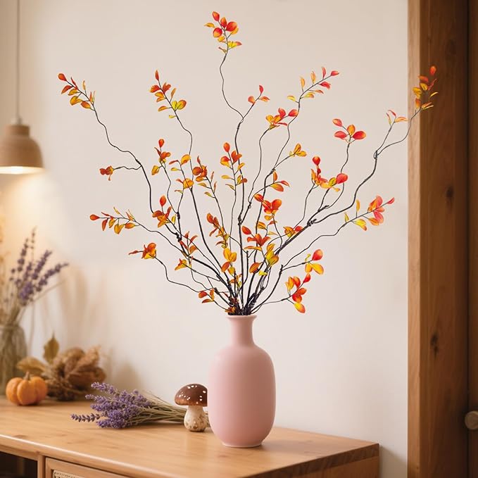 4 Pcs Fall Stems Artificial Ficus Branches, 47.2 Inch Faux Eucalyptus Stems Fall Decor, Fake Leaves Fall Decorations for Home, Autumn Table Decor Fall Branches for Vase Filler Centerpieces