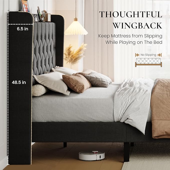 SHA CERLIN Full Size Platform Bed Frame with Charging Station, Velvet Wingback Headboard with Storage shelf, Wooden Slats Support, Ample Under-Bed Space, No Box Spring Needed, Easy Assembly, Dark Grey