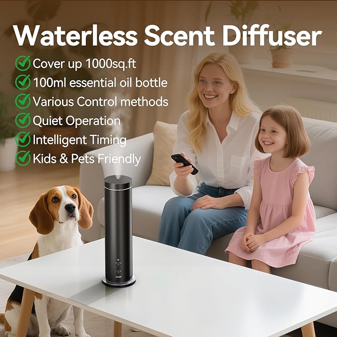 Waterless Scent Diffuser with Bluetooth - 100ml Essential Oil Diffuser Machine for Home, Office,Spa - Aromatherapy Fragrance Diffuser with 6 Essential Oils Included,Remote & App Control,Black