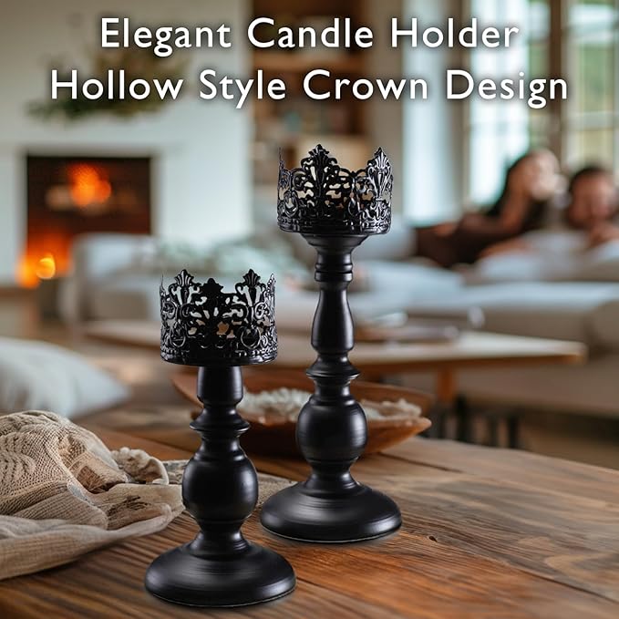 Homemory Black Halloween Candle Holders for Pillar Candles Set of 2, Gothic Vintage Candle Holders for Table Centerpiece, 11" 9" Tall Candle Stand Decorative for Dining Fireplace Living Room (Black)