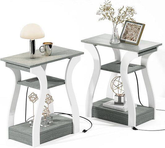 End Tables Living Room Set of 2,Grey End Table with Charging Station,Grey Side Table, Nightstand for Bedroom, 3 Tier End Table with Storage Shelf for Living Room