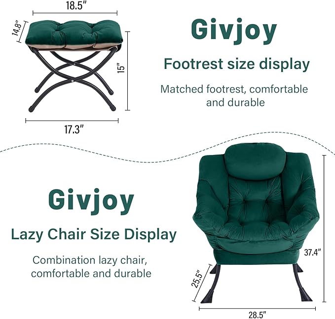 Cozy Lazy Chair and Ottoman, Large Contemporary Accent Lounge Chair Set, Leisure Upholstered Reading Armchair for Bedroom, Living Room, Dorm Rooms, Office