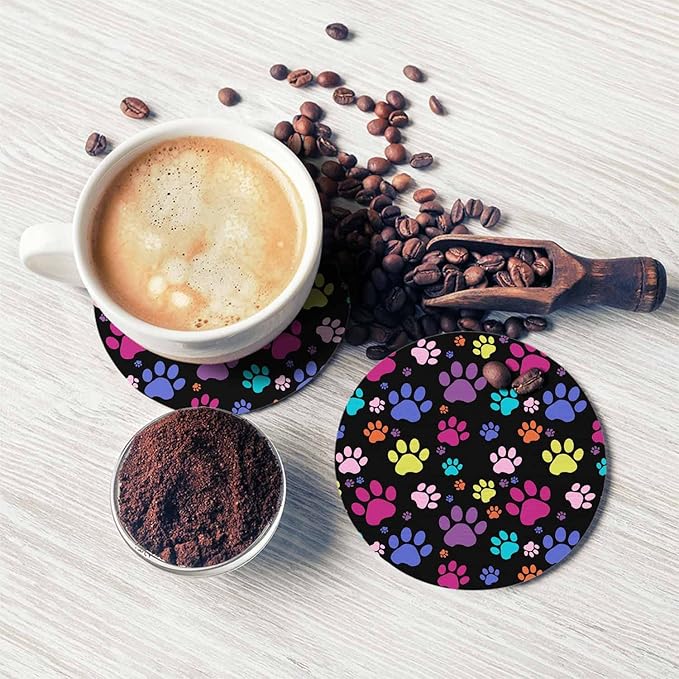 Colorful Paws Drink Coaster Repeating Cute Animal Puppy Cats Paws Print Beautiful Home Decor Diatomite Heat-Resistant Diatomite 4 Inch for Cold Drinks Wine Mugs Cups