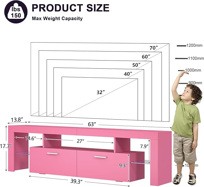 Clikuutory Modern Lighting 63 inch TV Stand with Large Storage Drawer for 50 55 60 65 70 75 Inch TVs, TV Console with 20 Color LED Lights, Entertainment Center Media and Open Shelf for Bedroom, Pink