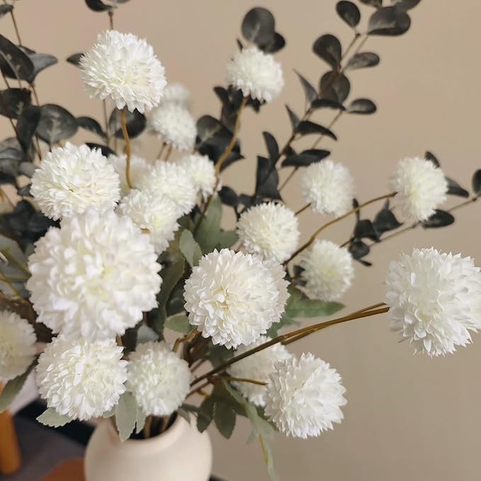 RyddeligHome White Faux Flowers for Vase - Kiku 10 Stems & Eucalyptus, Fake Flowers Stems for Pottery Vase, Realistic Artificial Flowers, Pom Pom Balls for Aesthetic Farmhouse Barn Room Decor