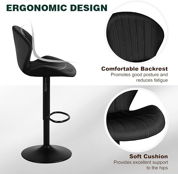 Modern Bar Stools Set of 4, Velvet Height Adjustable Swivel Barstools, Armless Kitchen Island Counter Chairs with Back & Footrest, Black