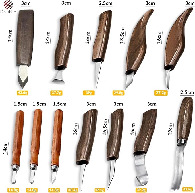 Orbela 16PCS Wood Carving Tools Set Heavy Duty with Leather Roll Bag - Complete Wood Carving Kit for Beginners & Experts, Whittling Knives, Wood Carving Chisels, Sharpening Strop, Gloves Woodworking