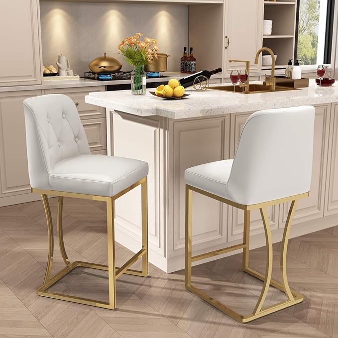 24" Counter Height Bar Stools Set of 2, White Counter Stools with Back and Gold Metal Frame, Modern Luxury Barstools with Footrest, Upholstered PU Leather Bar Chairs for Kitchen Island
