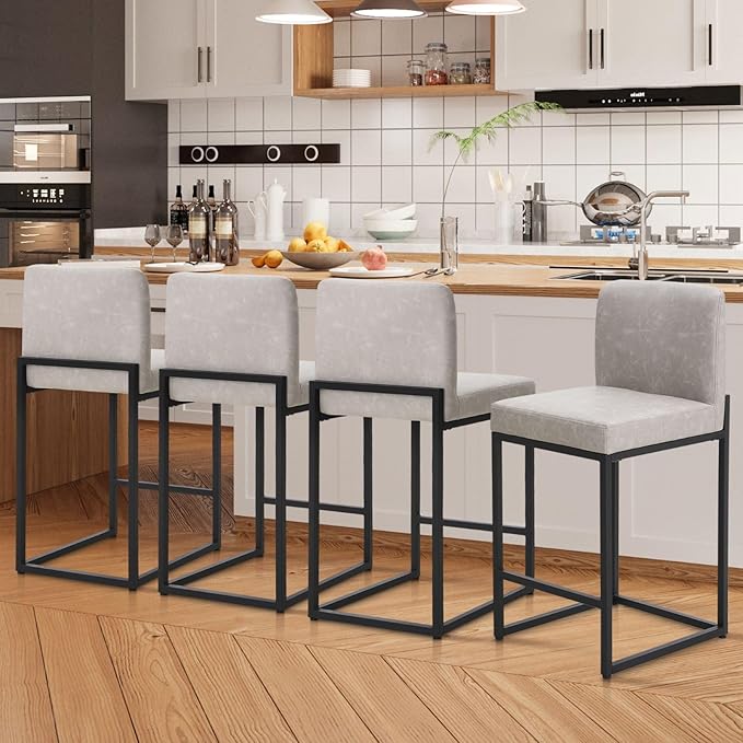 Sophia & William Light Grey Bar Stools Set of 4, Modern PU Leather Counter Height Barstools with Back, 24" Kitchen Island Bar Chairs