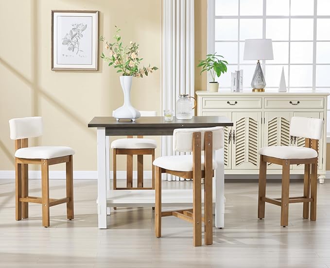 Upholstered Farmhouse Counter Height Bar Stools Set of 4 White Chenille Barstools with Back/Solid Wooden Legs, Modern Bar Chairs for Kitchen Island/Home Bar/Pub, 26 Inch