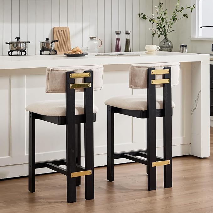 26" Counter Stools Set of 2 Counter Height Bar Stools with Back and Black Solid Wood Legs Modern Farmhouse Linen Upholstered Kitchen Bar Stools Countertop Bar Chairs, Beige