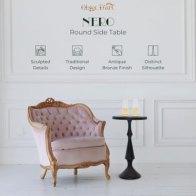 OBJET D'ART Small Round Black Side Table, Nero, 21" Height, Vintage Metal Accent, Side, Pedestal, Coctail and Drink Tables for Living Room and Small Spaces