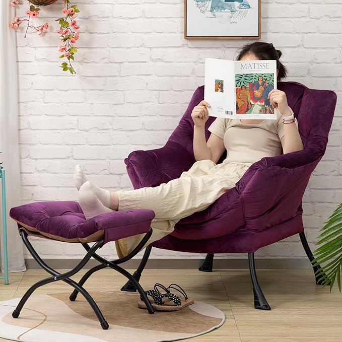 HollyHOME Fabric Lazy Chair with Foldable Ottoman, Accent Comfy Lounge Arm Chair and Folding Footrest Stool Set, Leisure Sofa Reading Chair and Footstool for Living Room, Bedroom, Dorm, Deep Purple