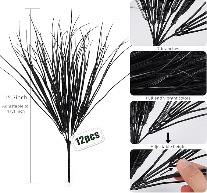 Fake Black Plants,Artificial Grass Fake Plants Outdoor Plants UV Resistant Black Greenery Stems Fake Grass Halloween Plants for Window Garden Patio Pathway Front Porch Halloween Décor 12Pcs(Black)
