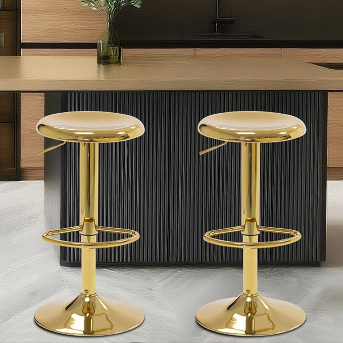 Bar Stools - 2 Pack, Adjustable Swivel Height Counter Bar Stool, Modern Metal Barstools, Backless Barstool for Bar, Kitchen Island, Pub, Gold