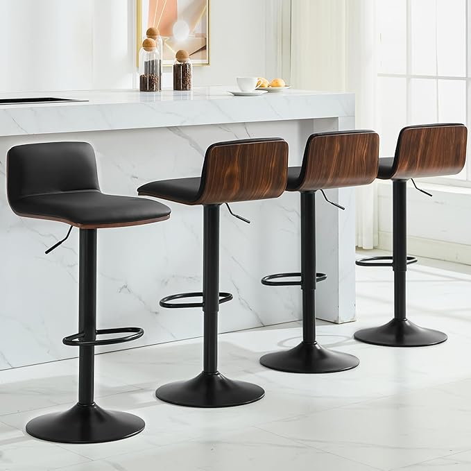 Set of 4 Swivel Bar Stools Adjustable Height, Faux Leather Barstools with Wooden Back and Footrest, Counter Height Bar Height Chairs for Kitchen Island, Dining Room, Black