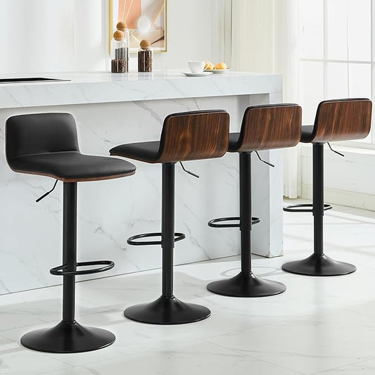 Set of 4 Swivel Bar Stools Adjustable Height, Faux Leather Barstools with Wooden Back and Footrest, Counter Height Bar Height Chairs for Kitchen Island, Dining Room, Black