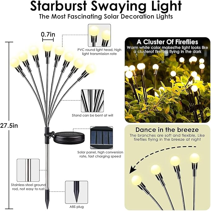 OZS 6 Pack Total 48 LED Solar Garden Lights Fairy Outdoor - Solar Firefly Lights Outdoor, Sway by Wind, Waterproof for Garden Patio Pathway Fairy Decoration (Warm White)