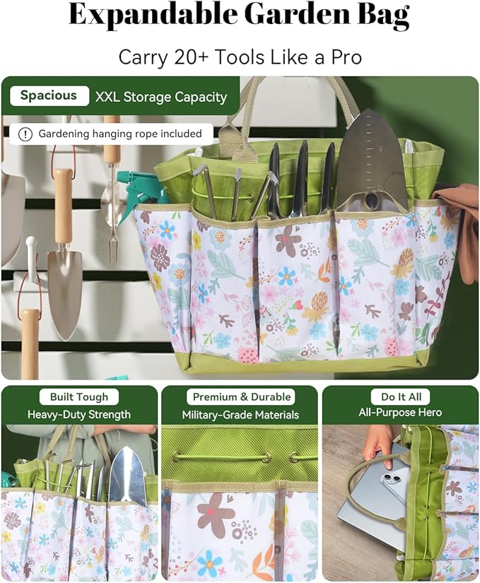Gardening Tools Set 9-Piece Heavy-Duty Gardening Hand Tools with Floral Tote Bag, Stainless Steel Garden Supplies Kit Ideal Gardening Gifts for Women Mom Wife