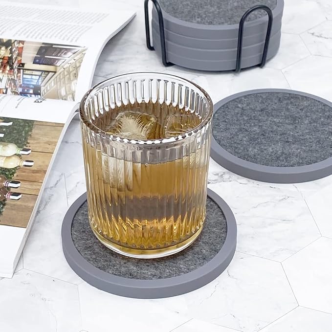 Absorbent Coasters for Drinks with Holder - 6packs, Silicone Coaster with Soft Felt Insert (4.3 inch Coasters with 4.5 inch Holder, t, Black and Gray)