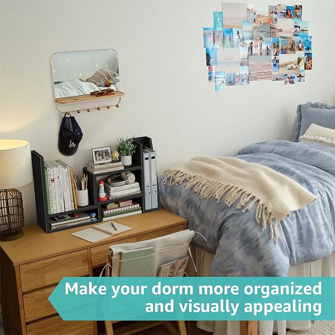 Desktop File Organizer Desk Organizer Shelf - Black Office Organization Shelves for Top of Desk Organizers and Accessories Corner Bookshelf Table Top Shelving Small Hutch Decorations for Women Office