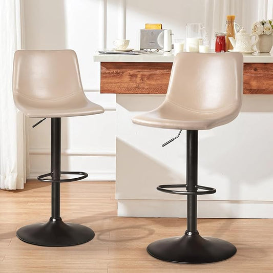 LEMBERI Bar Stools Set of 2, Modern Swivel Barstools Counter Height with Backrest, Faux Leather Upholstered Bar Chairs for Kitchen Island, Beige