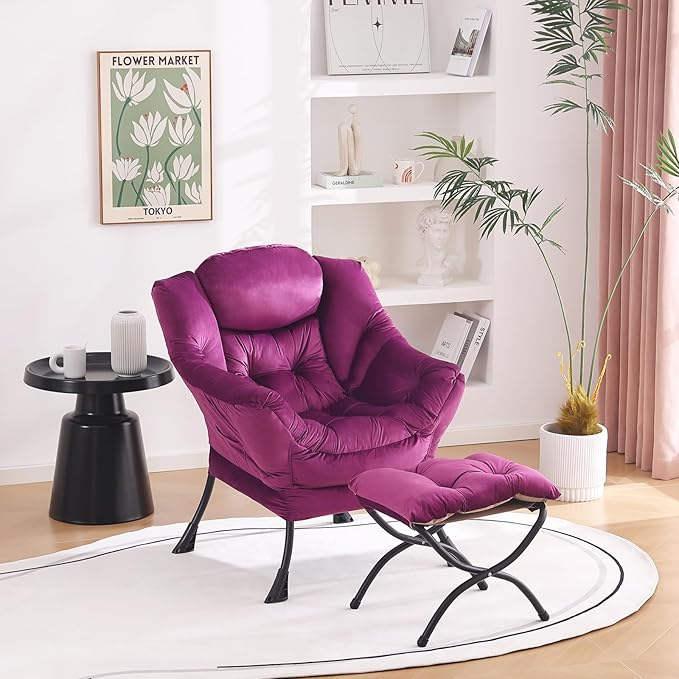 Welnow Lazy Chair with Ottoman, Modern Lounge Accent Chair with Armrests and a Side Pocket, Leisure Sofa Armchair Set, Reading Armchair with Footrest for Small Space, Dark Purple