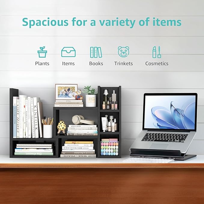 Desk Shelves Desktop Orgnizer Shlef - Black Office Organization for Top of Desk Organizers and Accessories Corner Bookshelf Table Top Shelving Small Hutch Decorations for Office