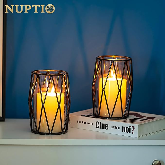 Nuptio Black Pillar Candle Holders - Glass Candles Holder with Geometric Metal Rack Stand for Wedding Birthday Party Centerpieces - Flower Vase Small Hurricane Vases for Office Living Room