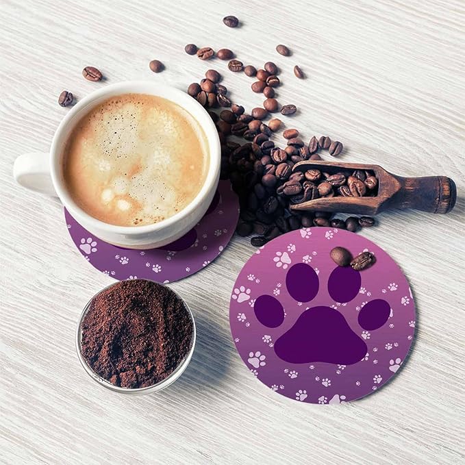 Big Dog Paw Coasters for Drinks 2 Pack Little Animal Puppy Cat Kitten Paws Print Design Gradient Purple Tabletop Protection Kitchen and Coffee Table Décor & Accessories,Set of 2