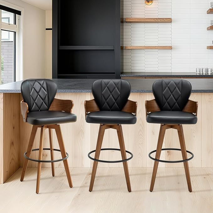 26.7” Swivel Bar Stools Set of 3,Black Faux Leather Counter Height Stools with Armrest and Fishtail-Shaped Back,Mid Century Modern Barstools,Walnut Bar Chair for Kitchen Island or Home Bar
